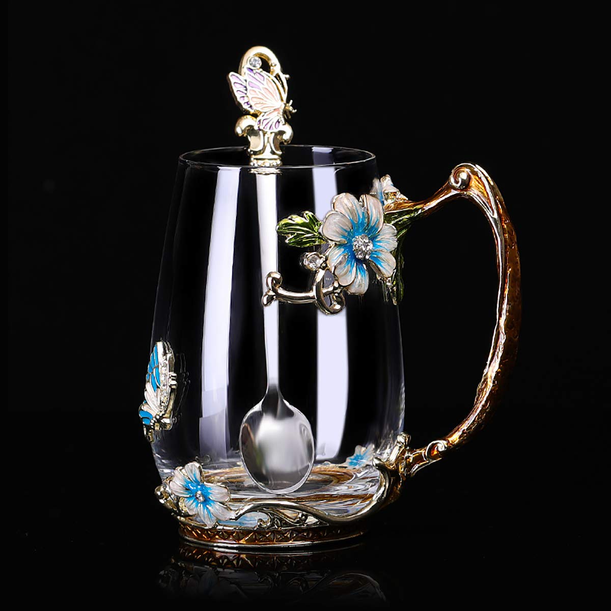 Luka Tech Enamel Butterfly flower Glass Mug with Spoon, Gifts For Women Wife Mom Friends Birthday Mothers Valentines Day Christm